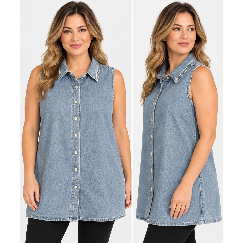 Clifford & Wills Womens Blue Denim Sleeveless Button Down Tunic Top Size 16